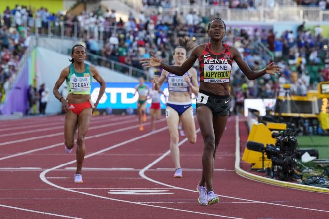 Kenya's Faith Kipyegon wins the women's 1500 metres final at the World Athletics Championships Oregon 22, at Hayward Field, on Tuesday.