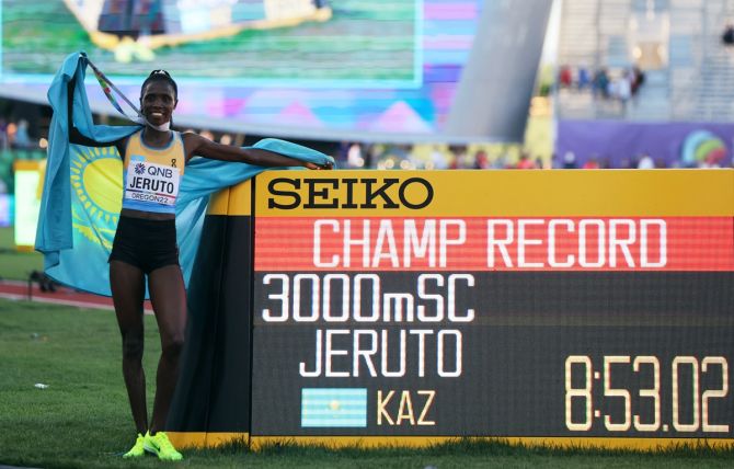 Kazakhstan's Norah Jeruto celebrates setting a new championship record and winning gold in the women's 3000 metres steeplechase final at the World Athletics Championships in Eugene, Oregon, on Wednesday.