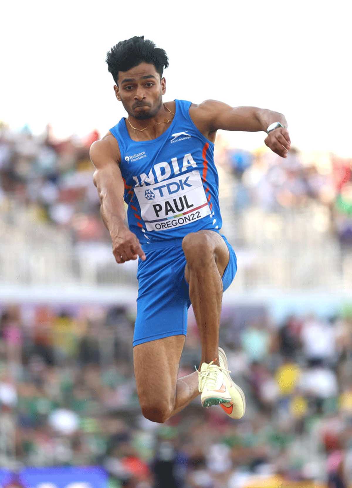 India's Eldhose Paul competes in the Men's Triple Jump qualification at the World Athletics Championships Oregon22 at Hayward Field in Eugene, Oregon, on Thursday 