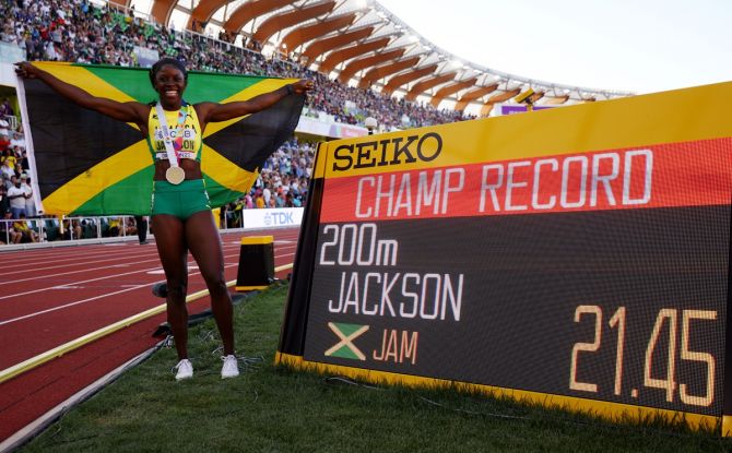 Jamaica's Shericka Jackson celebrates after winning the women's 200 metres final and setting a new World Championships record.