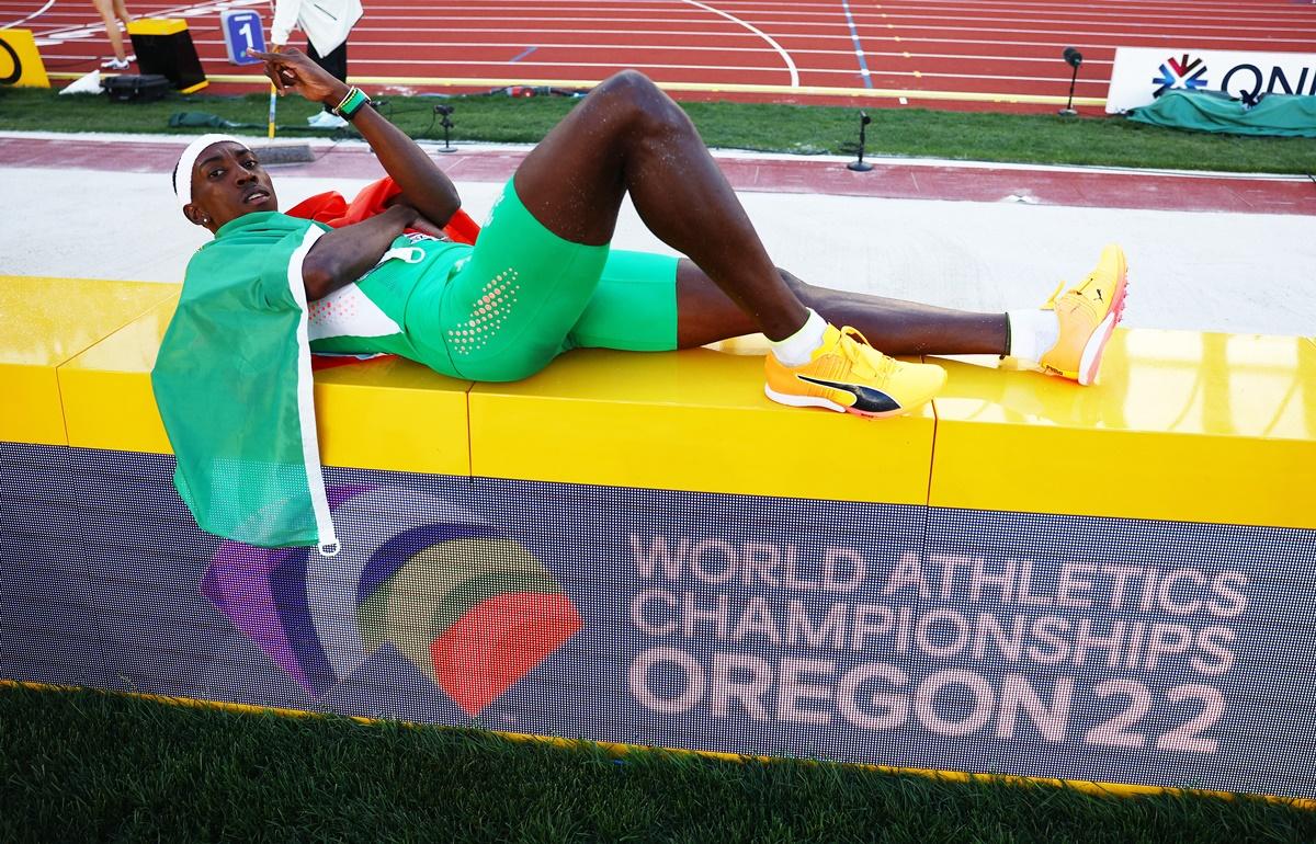 Portugal's Pedro Pichardo celebrates winning the men's triple jump final.