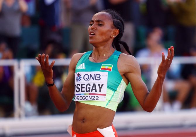 Ethiopia's Gudaf Tsegay celebrates winning the women's 5000 metres final.