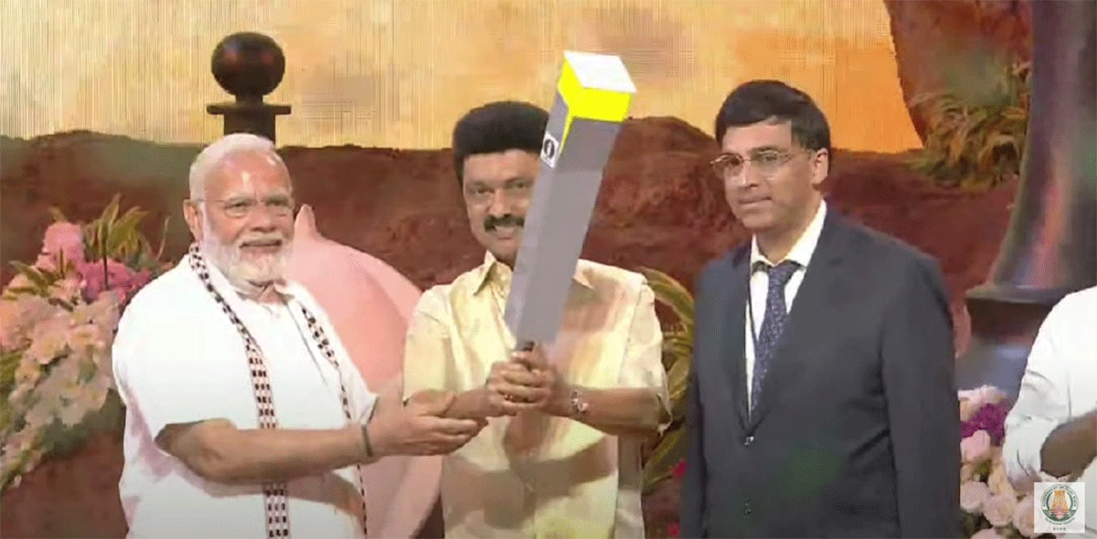 Prime Minister Narendra Modi, Tamil Nadu CM MK Stalin and Viswanathan Anand at the grand opening of the Chess Olympiad in Chennai on Thursday