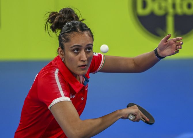 Manika Batra in action against Fiji's T.Titana during the group league singles match at the Commonwealth Games in Birmingham on Friday.