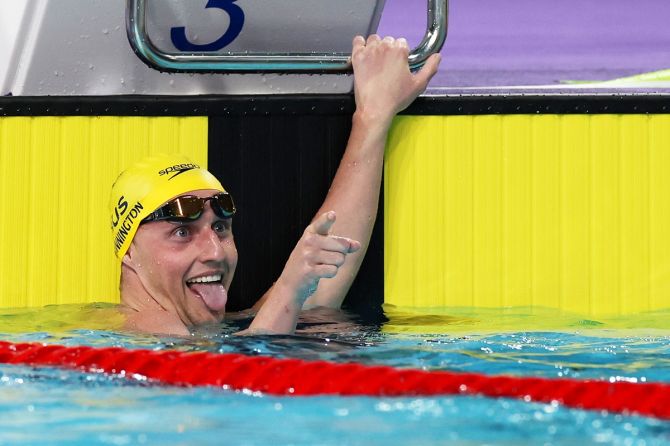 Australia's Elijah Winnington celebrates winning the men’s 400 metres freestyle final.