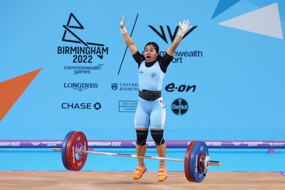 Bindyarani Devi Sorokhaibam reacts after performing the clean & jerk during the women's weightlifting 55kg final on Day 2 of the Commonwealth Games in Birmingham on Saturday.