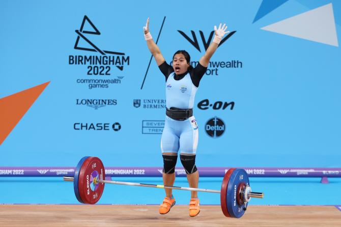 Bindyarani Devi Sorokhaibam reacts after performing the clean & jerk during the women's weightlifting 55kg final on Day 2 of the Commonwealth Games in Birmingham on Saturday.