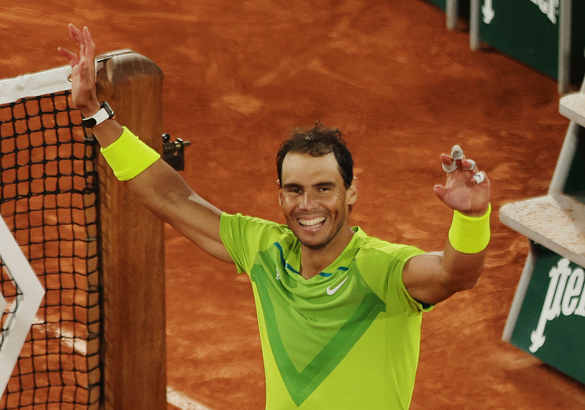 Spain's Rafael Nadal celebrates winning his quarter-final match against Serbia's Novak Djokovic 