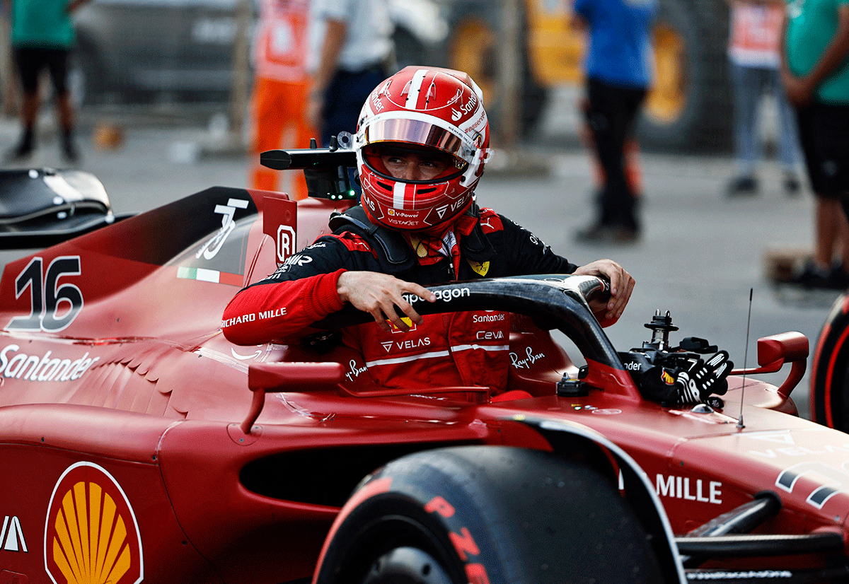 Ferrari's Charles Leclerc after winning pole position during the Azerbaijan F1 Grand Prix at Baku City Circuit, Baku, Azerbaijan, on Saturday