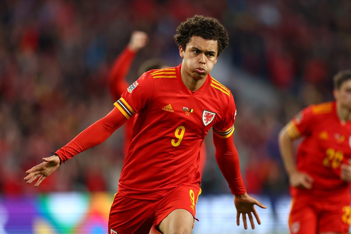 Brennan Johnson celebrates scoring the equaliser for Wales during the UEFA Nations League League A Group 4 match against Belgium, at Cardiff City Stadium in Cardiff, Wales. 