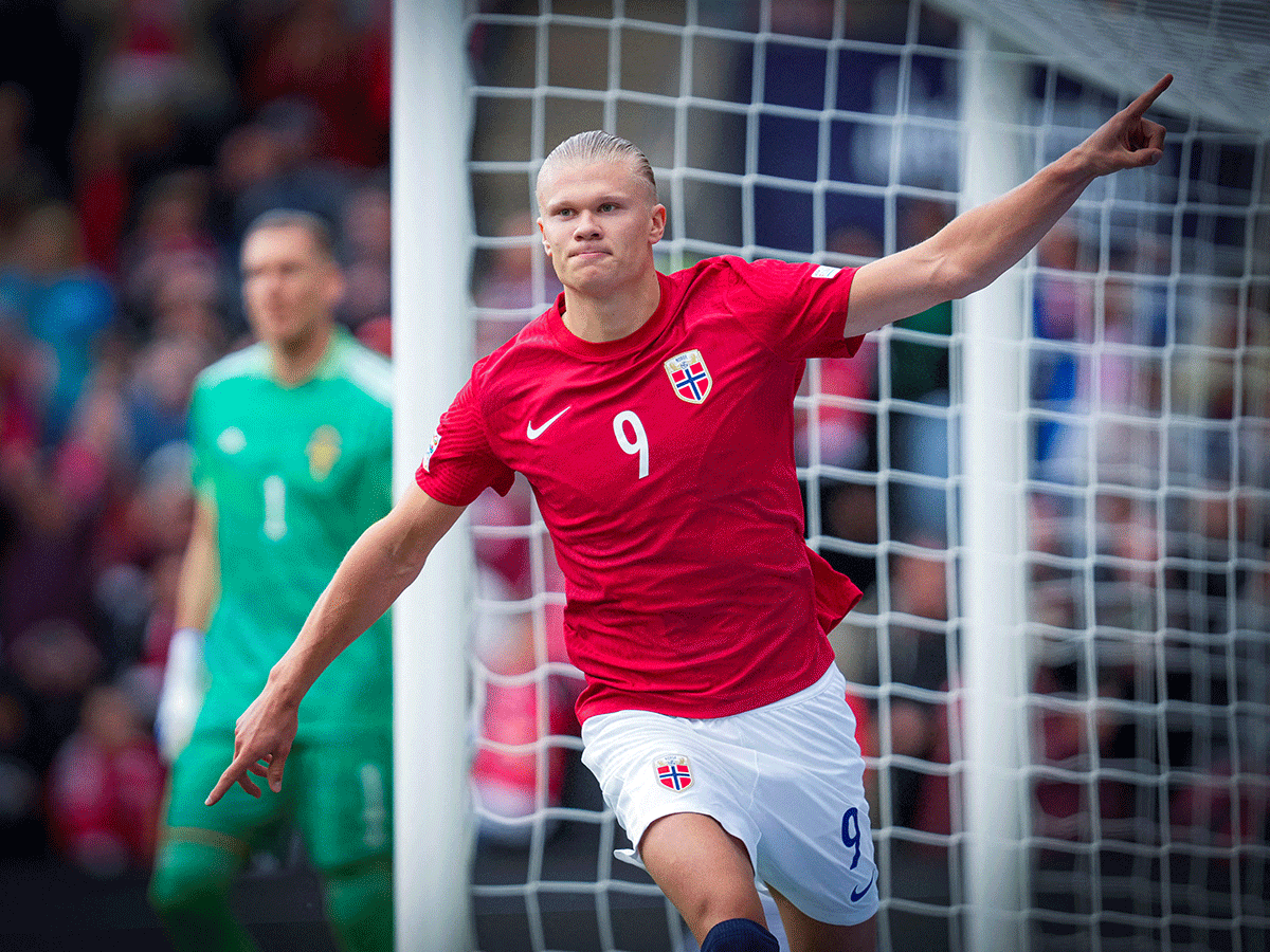 Norway's Erling Braut Haaland celebrates scoring their second goal against Sweden in their Group H match 