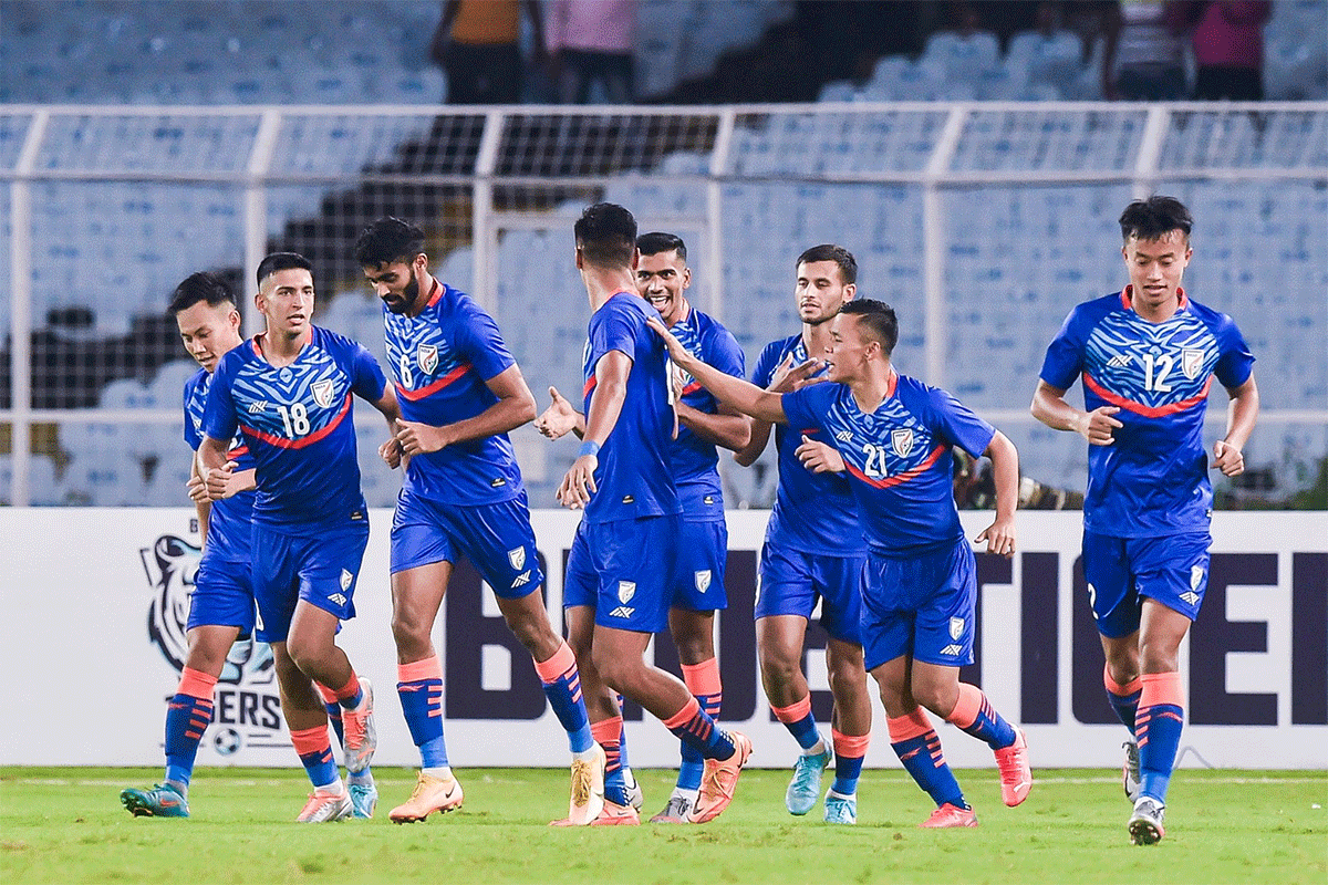 India players celebrate after Anwar Ali scores the opener against Hong Kong in Kolkata in the Asian Cup qualification match on Tuesday