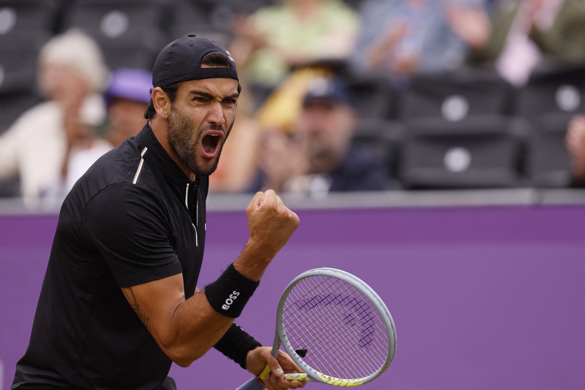 Italy's Matteo Berrettini reacts during his Queen's Club Championships semi-final against the Netherlands' Botic Van De Zandschulp, at Queen's Club, London, on Saturday.