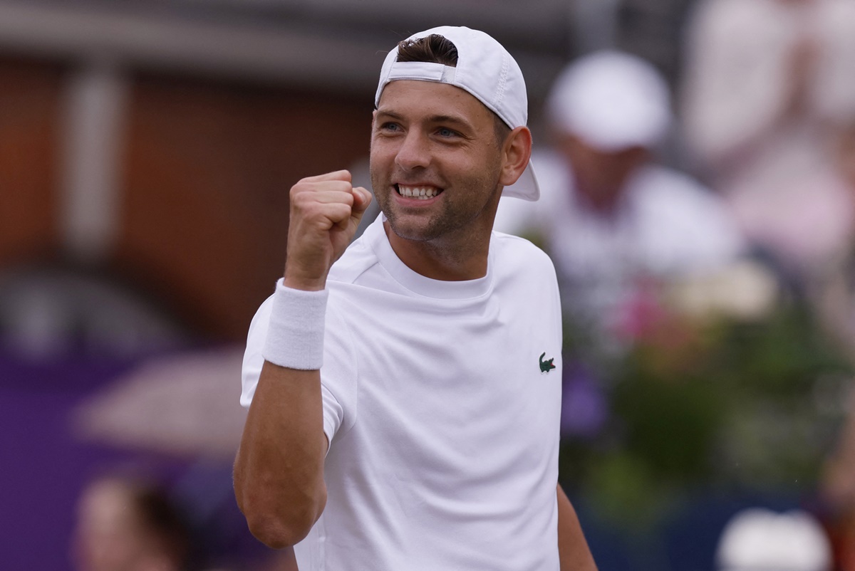 Serbia's Filip Krajinovic celebrates victory over Croatia's Marin Cilic.