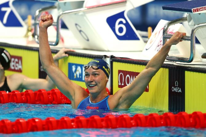 Sweden's Sarah Sjostrom celebrates finishing first in the women's 50m freestyle.