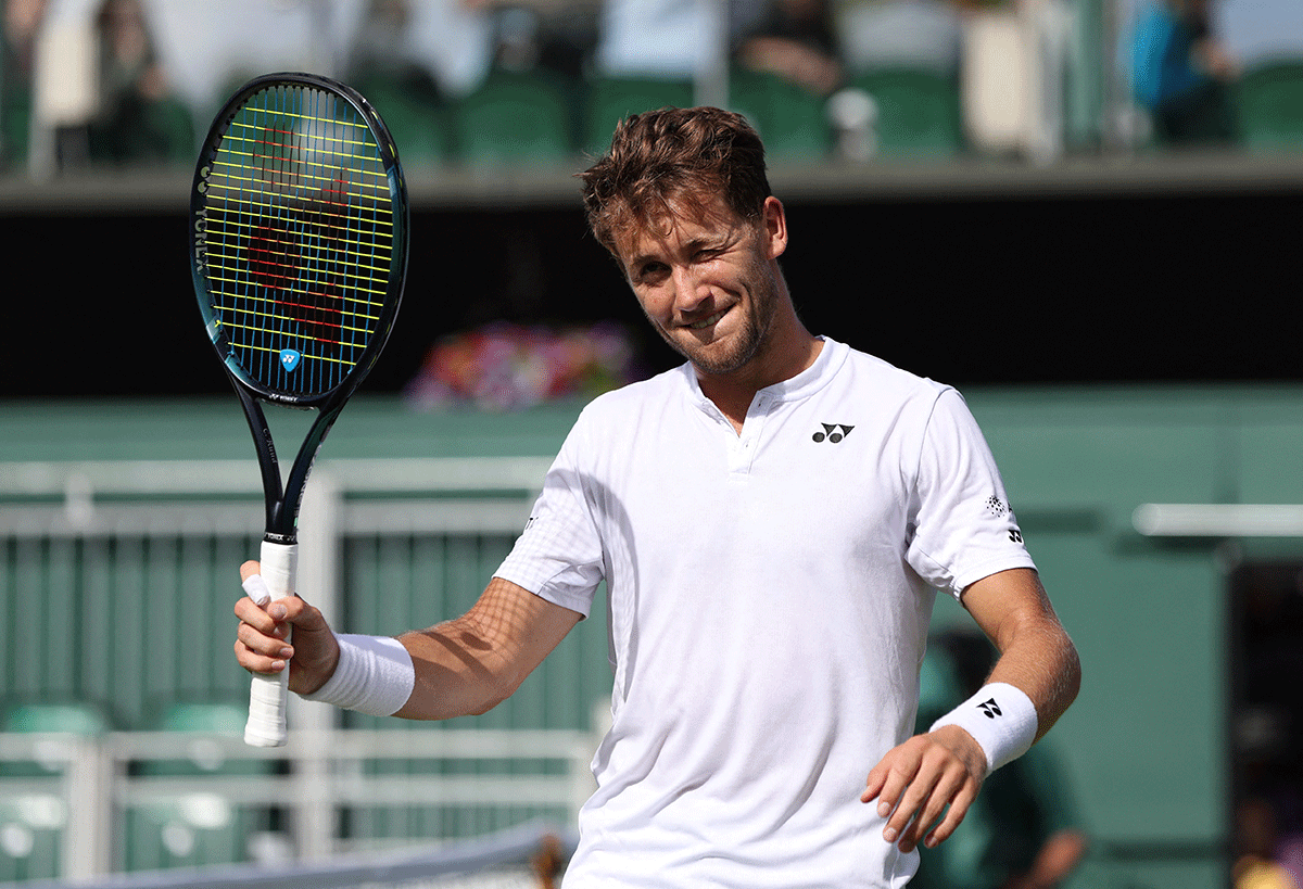 Norway's Casper Ruud celebrates winning his first round match against Spain's Albert Ramos-Vinolas