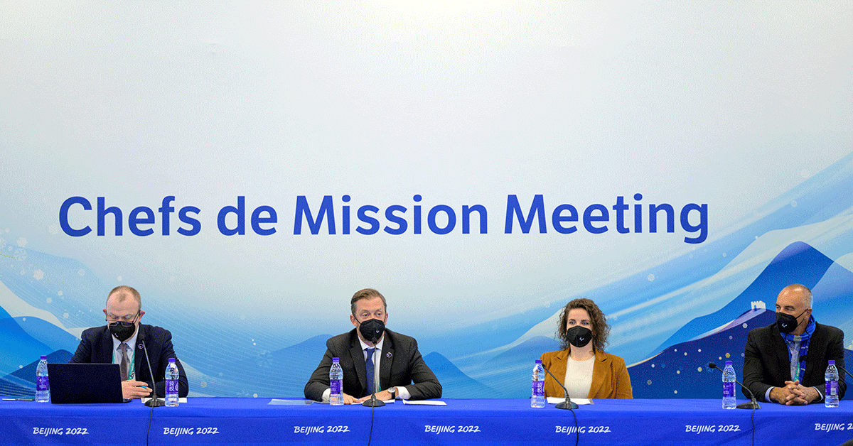 International Paralympic Committee (IPC) Chief Brand & Communications Officer Craig Spence, IPC President Andrew Parsons, IPC Athletes Council Chairperson Jitske Visser and IPC Vice President Duane Kale speaks to Presidents and Secretary Generals of National Paralympic Committees and International Federations at the International Paralympic Committee Briefing at the Paralympic Village, Beijing, following the IPC Governing Board decision in regards to Russian and Belarusian athletes during the Ukraine Crisis ahead of the Beijing 2022 Winter Paralympic Games, on Wednesday