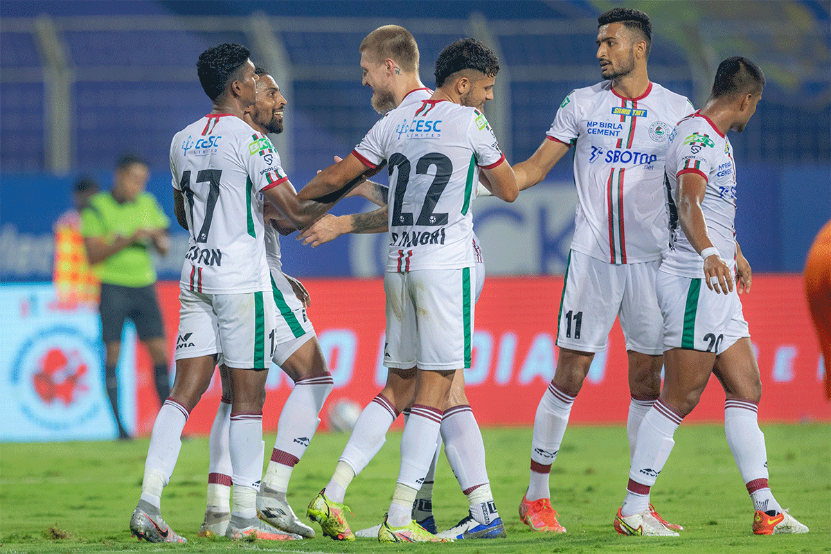 ATK Mohun Bagan players celebrate a goal against Chennaiyin FC in Margao on Thursday