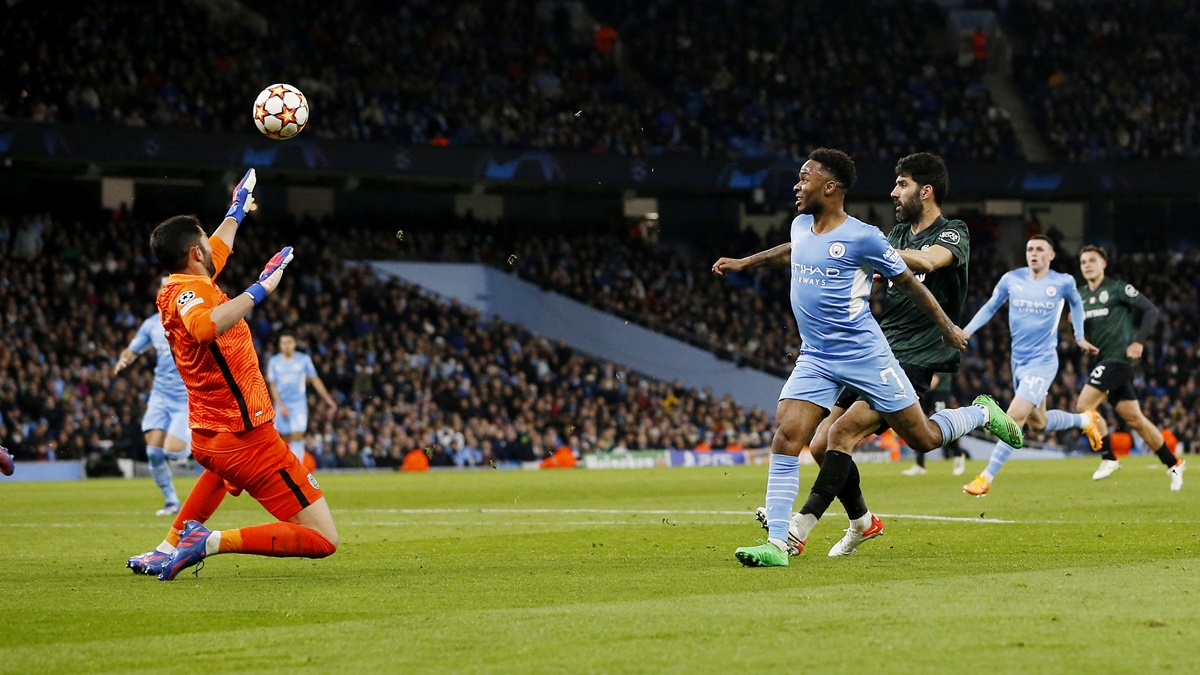 Manchester City's Raheem Sterling shoots at goal during the Champions League match against Sporting CP at Etihad Stadium, in Manchester.