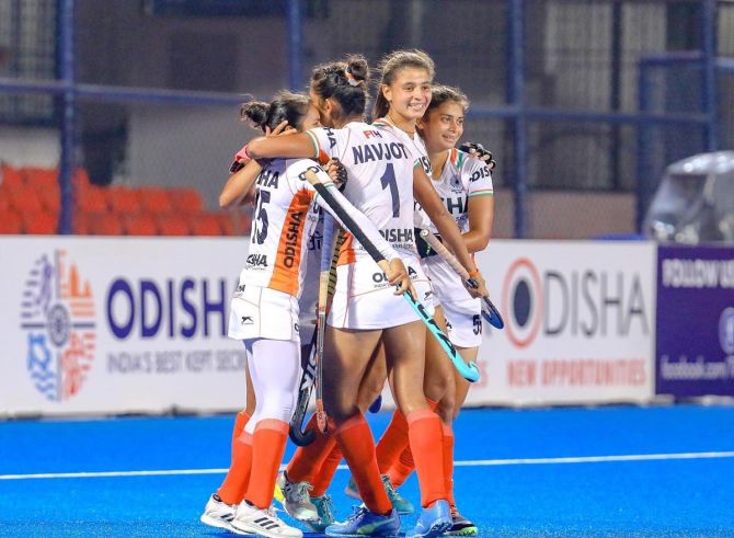 India’s players celebrate victory over Germany via the shoot-out in the FIH women’s Pro League, at Kalinga Stadium in Bhubaneswar, on Sunday.