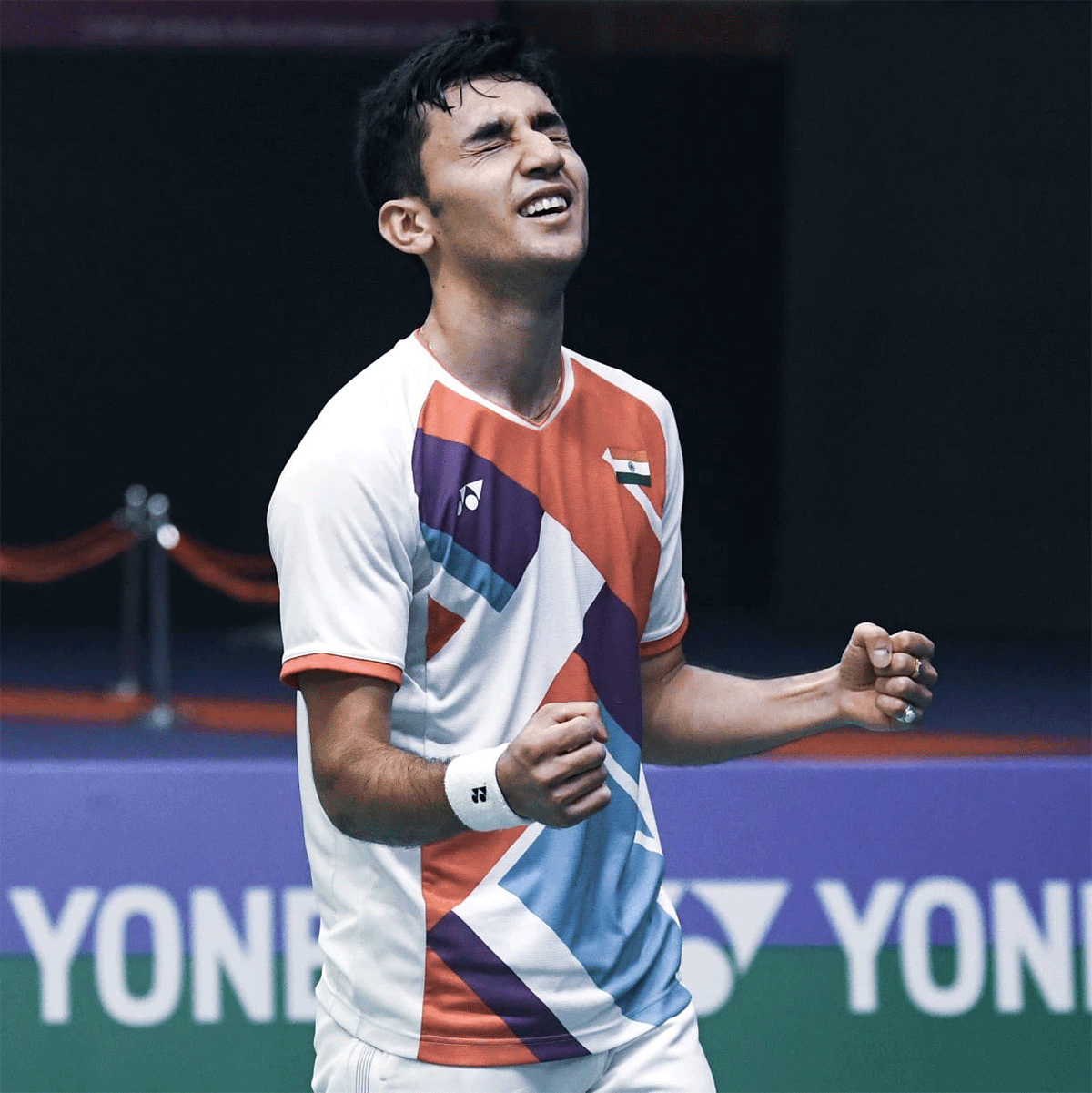 20-year-old Lakshya Sen celebrates after pulling off a major upset at the All England Championships in Birmingham on Thursday