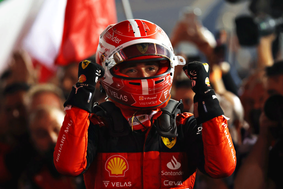 Charles Leclerc of Monaco and Ferrari celebrates in parc ferme after winning the F1 Grand Prix of Bahrain at Bahrain International Circuit in Bahrain on Sunday