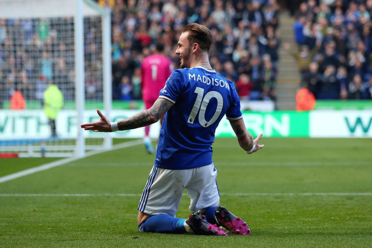 Leicester City's James Maddison celebrates after scoring their side's second goal against Brentford at The King Power Stadium in Leicester