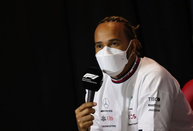 Mercedes' Lewis Hamilton during a press conference in Jeddah