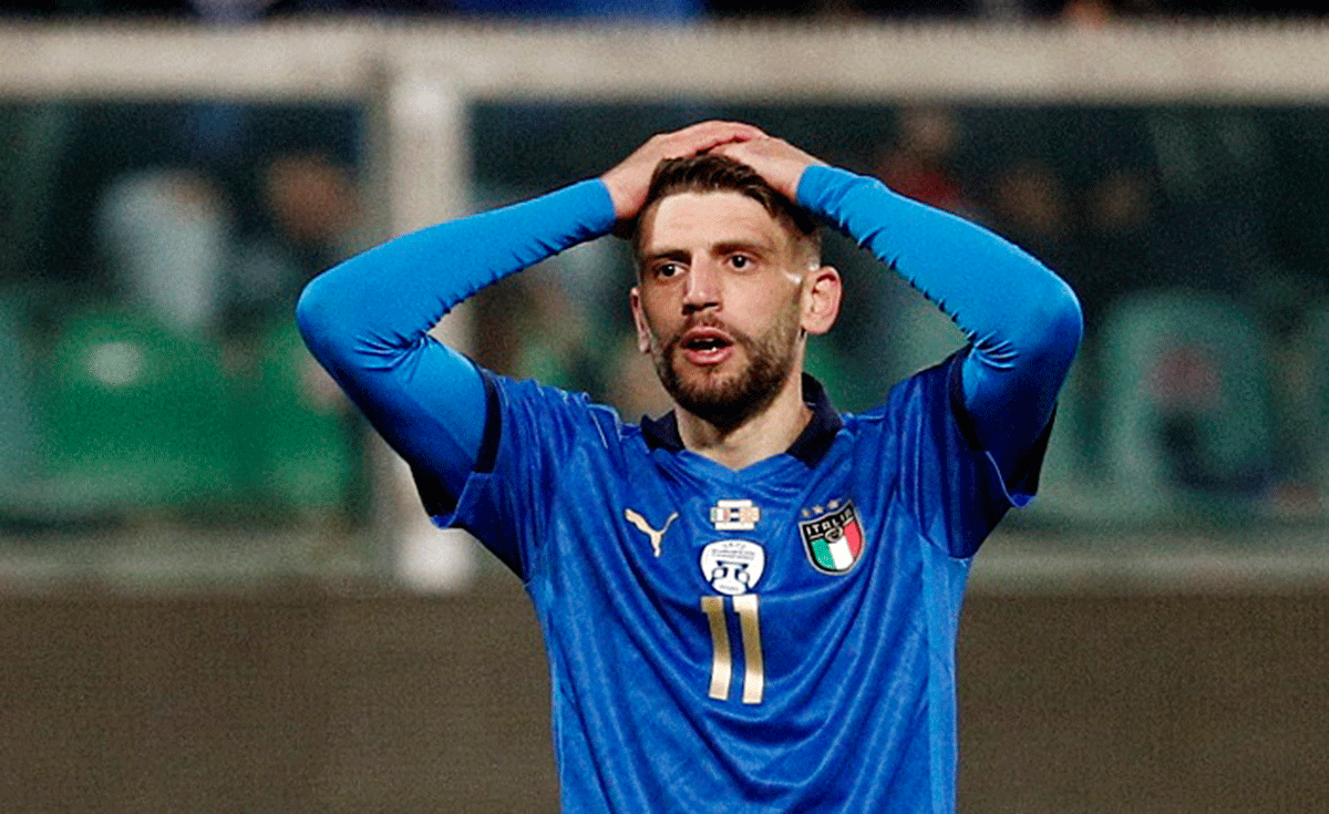Italy's Domenico Berardi reacts after Italy fail to qualify for the 2022 FIFA World Cup  on Thursday
