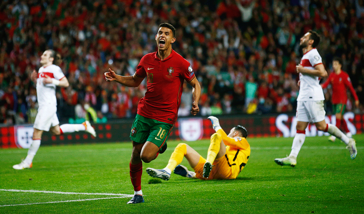 Portugal's Matheus Nunes celebrates scoring their third goal against Turkey in World Cup UEFA Qualifiers Play-Off semi-final at Estadio do Dragao, Porto, Portugal on Thursday