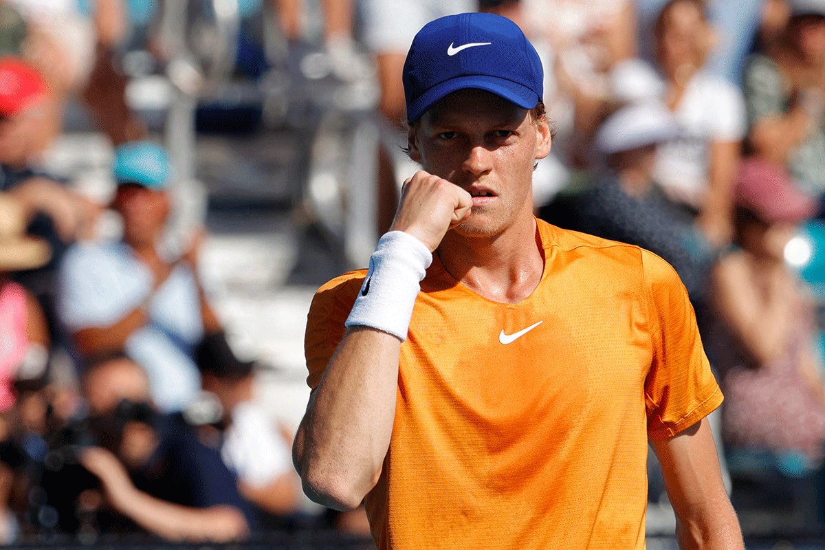 Italy's Jannik Sinner reacts after winning a game against Spain's Pablo Carreno Busta in a third round men's singles match at the Miami Open at Hard Rock Stadium at Miami Gardens in Florida on Sunday