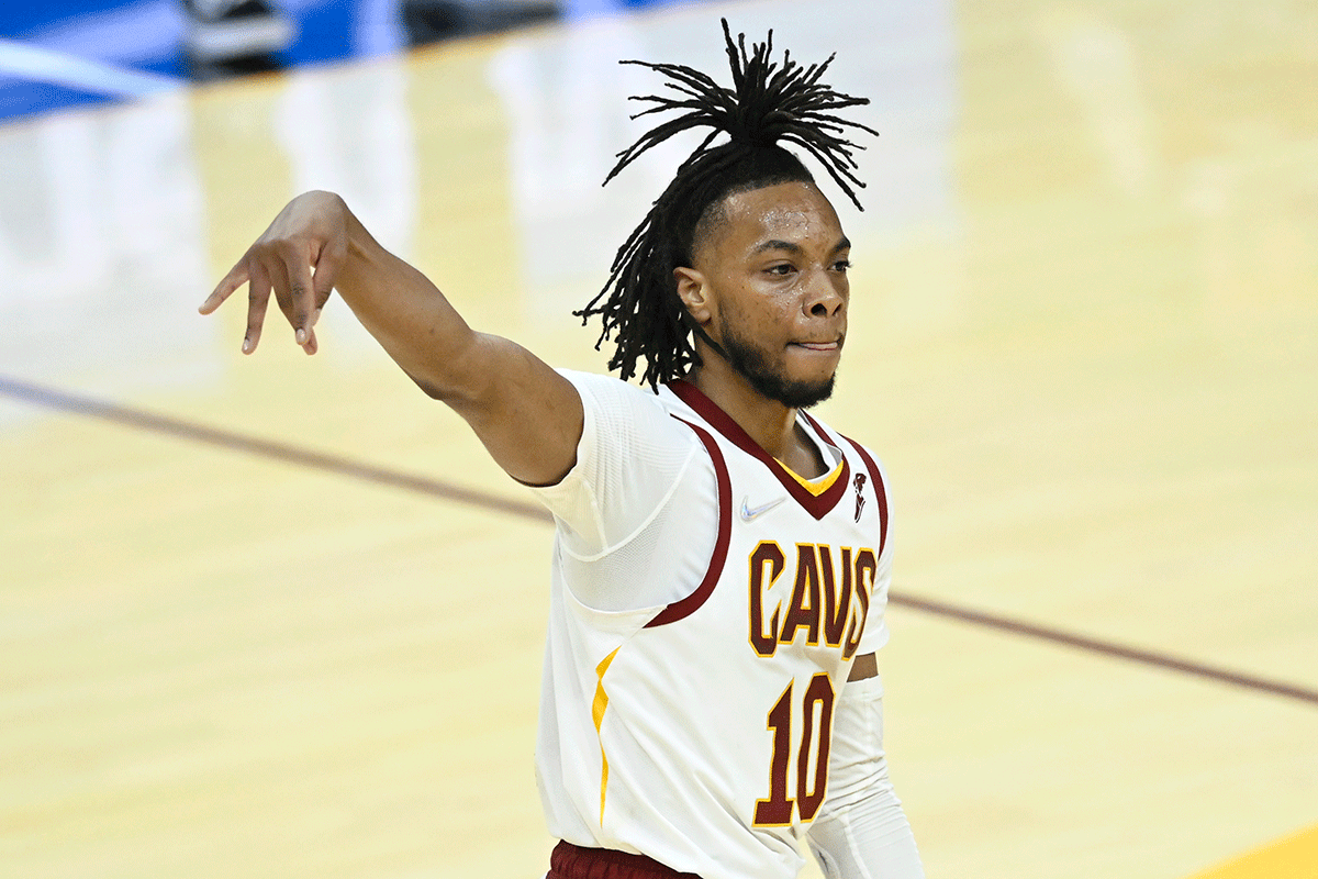 Cleveland Cavaliers' guard Darius Garland (10) celebrates his three-point basket in the fourth quarter against the Orlando Magic during their NBA match at Rocket Mortgage FieldHouse in Cleveland, Ohio, on Monday