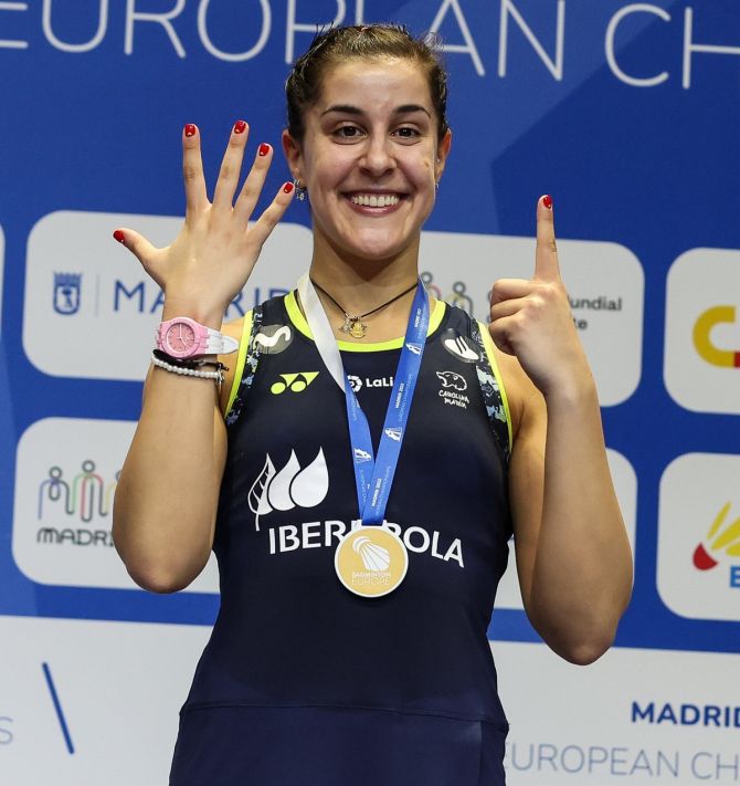 Spain's Carolina Marin celebrates winning the European Badminton Championships title for the sixth time in Madrid on Saturday. 