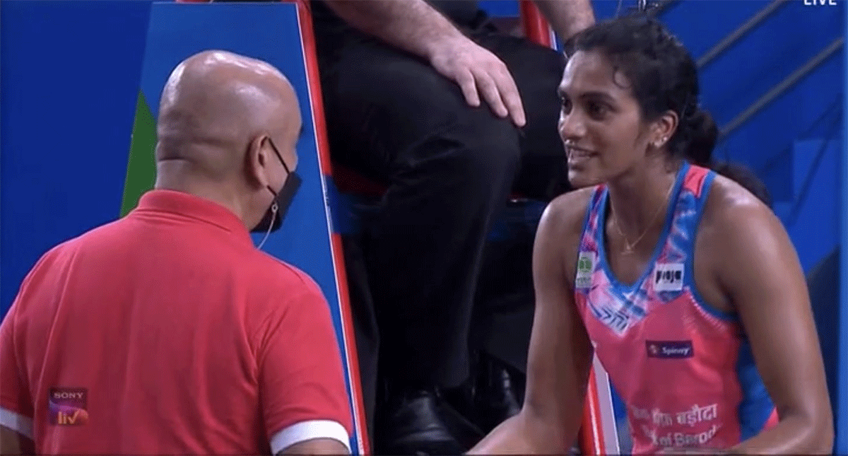 PV Sindhu argues with the umpire after being handed a point penalty