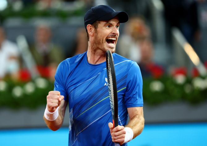 Andy Murray celebrates victory over Dominic Thiem in the first round of the Madrid Open at La Caja Magica in Madrid, Spain, on Monday.