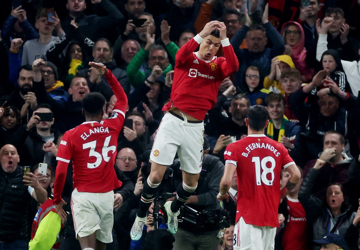 Cristiano Ronaldo celebrates scoring Manchester United's second goal from the penalty spot during the Premier League match against Brentford, at Old Trafford, Manchester, on Monday.