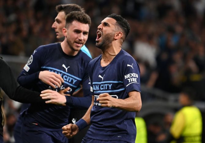 Riyad Mahrez celebrates putting Manchester City ahead