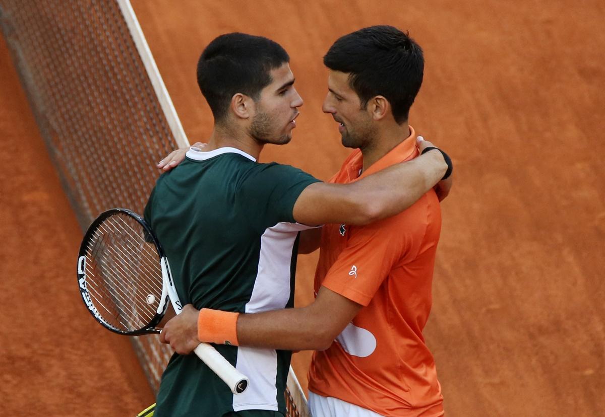 Serbia's Novak Djokovic congratulates Spain's Carlos Alcaraz Garfia after their semi-final at the Madrid Open, in Caja Magica, Madrid, Spain, on Saturday.