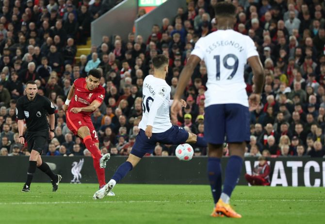 Luis Diaz scores to draw Liverpool level against Tottenham Hotspur in the Premier League match, at Anfield, Liverpool, on Saturday.