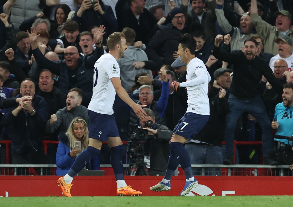 Son Heung-min celebrates with Harry Kane after putting Tottenham Hotspur ahead.