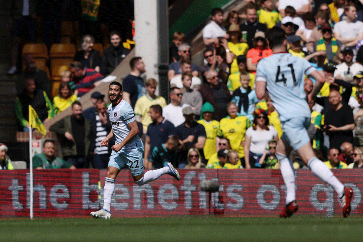 Said Benrahma of West Ham United celebrates after scoring their team's first goal against Norwich City at Carrow Road in Norwich, England
