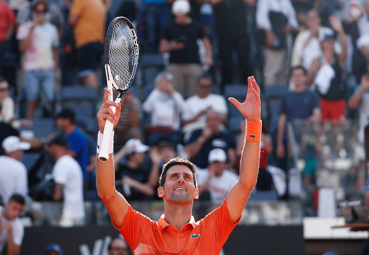 Serbia's Novak Djokovic celebrates winning his second round match against Russia's Aslan Karatsev at ATP Masters 1000 Italian Open Foro Italico, Rome, Italy, on Tuesday