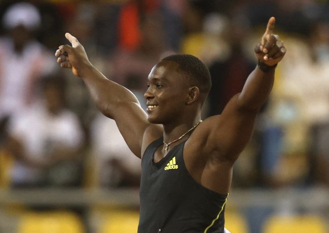 Grenada's Anderson Peters reacts after landing a 93.07 metres throw during the men's javelin throw.