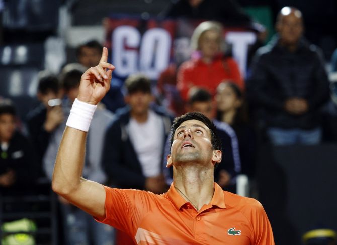 Serbia's Novak Djokovic celebrates victory over Norway's Casper Ruud in the semi-finals of the  ATP Masters 1000 Italian Open, at Foro Italico, in Rome, on Saturday.