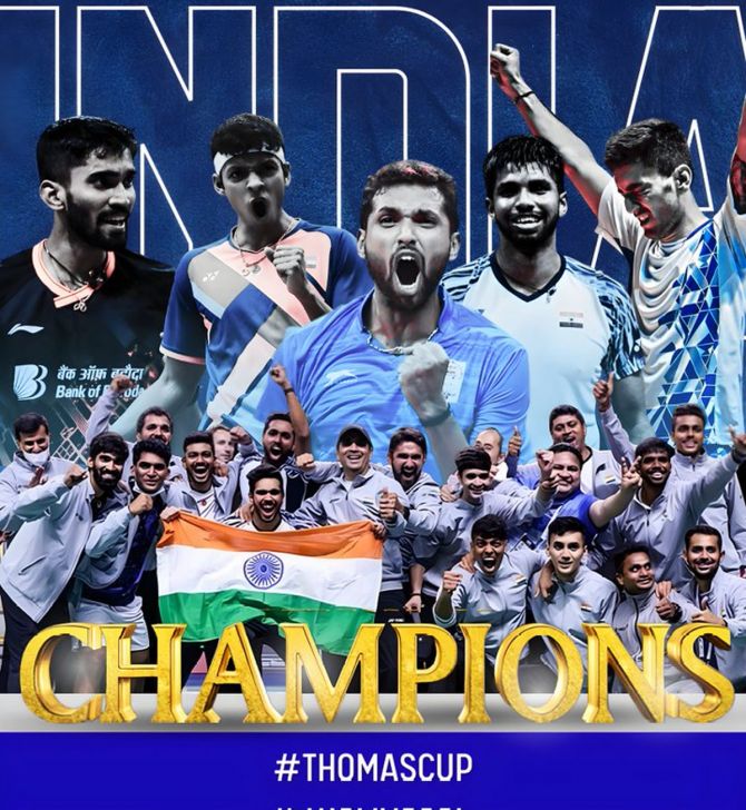 India's players celebrate after Kidambi Srikanth beats Indonesia's Jonatan Christie in the second singles to win the Thomas Cup final.