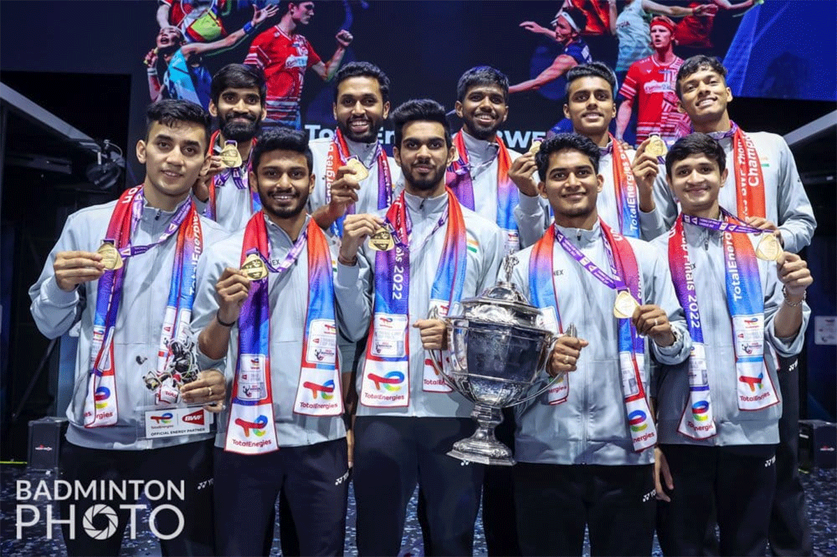 The Indian team with their gold medals on winning the Thomas Cup on Sunday