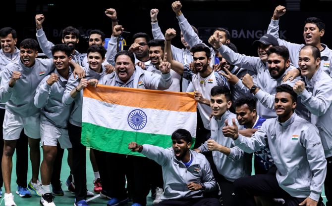 An ecstatic Indian team after their Thomas Cup win last month