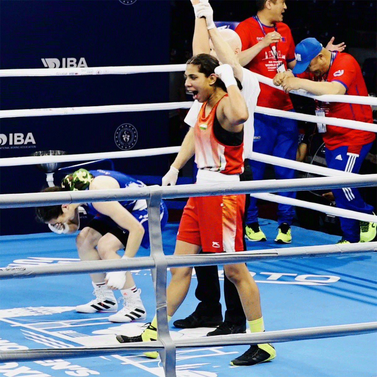 Boxer Manisha celebrates her victory over Mongolia's Monkhur to advance to the 57kg quarter-final on Monday