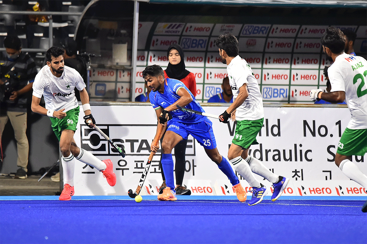 Action from the Asia Cup Hockey match played between Inda and Pakistan in Jakarta, Indonesia, on Monday