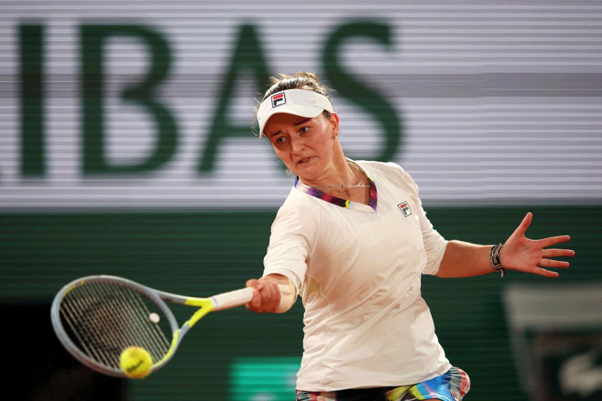 Czech Republic's Barbora Krejcikova plays a forehand against France's Diane Parry 